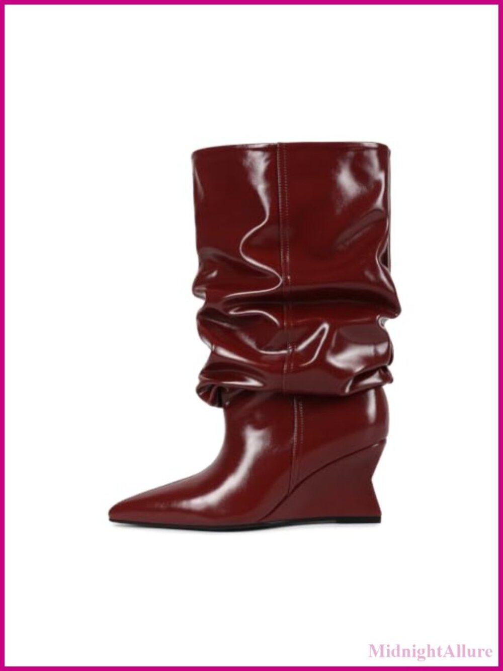 Wide Calf Slouchy Mid Calf Boots Pointed Toe Wedge Heels Pull On PU